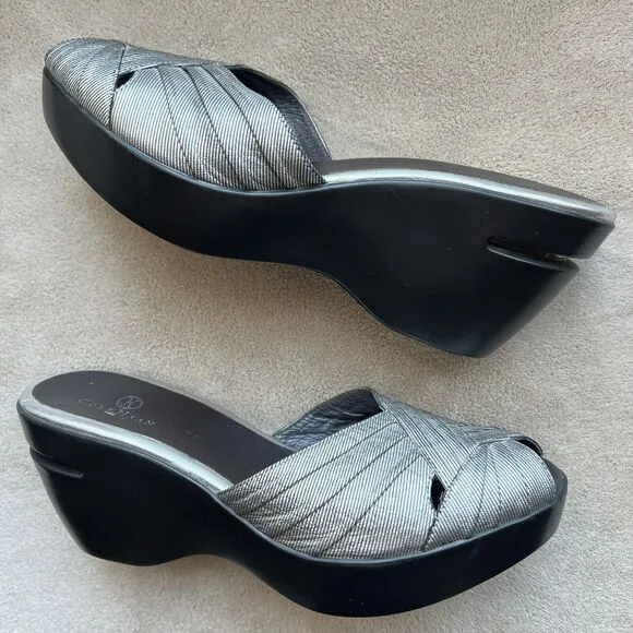 Cole Haan Metallic Silver Open Peep Toe Wedge Slip On Slide Sandal Women’s 8 B