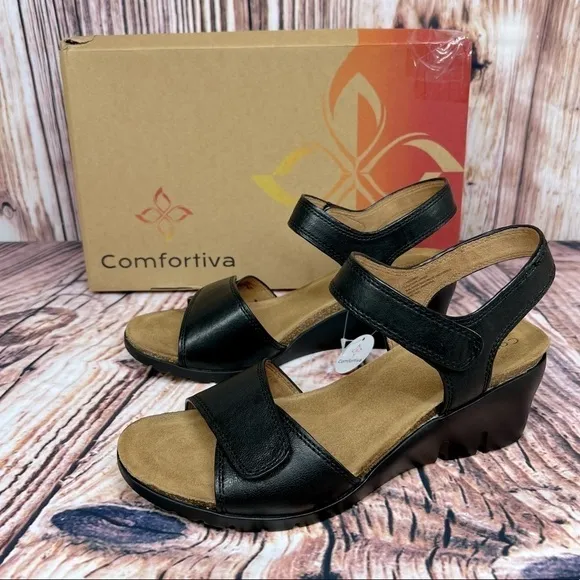Comfortiva Black Leather Abria Wedge Strap Sandals
