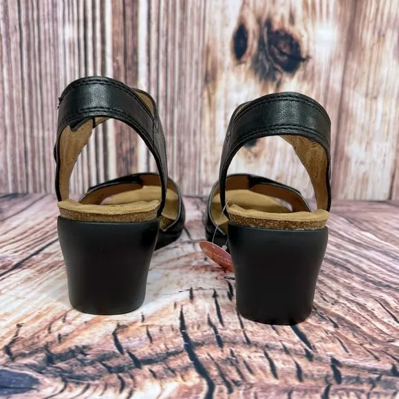 Comfortiva Black Leather Abria Wedge Strap Sandals
