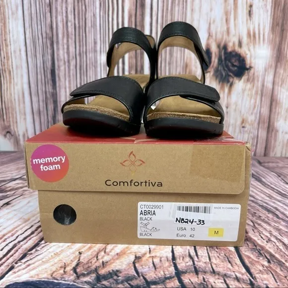 Comfortiva Black Leather Abria Wedge Strap Sandals