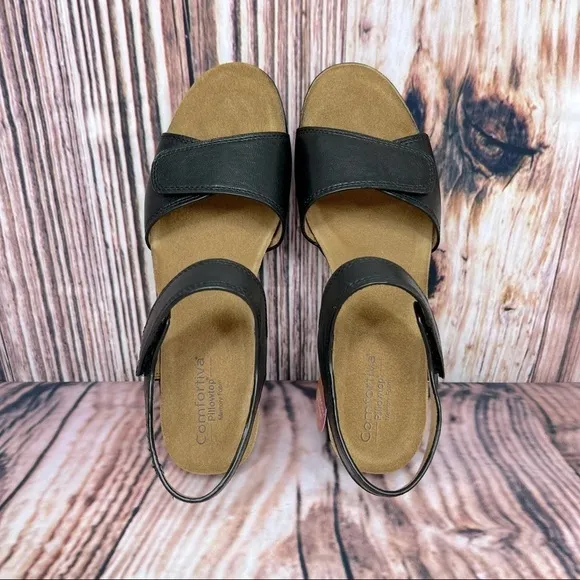 Comfortiva Black Leather Abria Wedge Strap Sandals