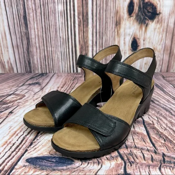 Comfortiva Black Leather Abria Wedge Strap Sandals