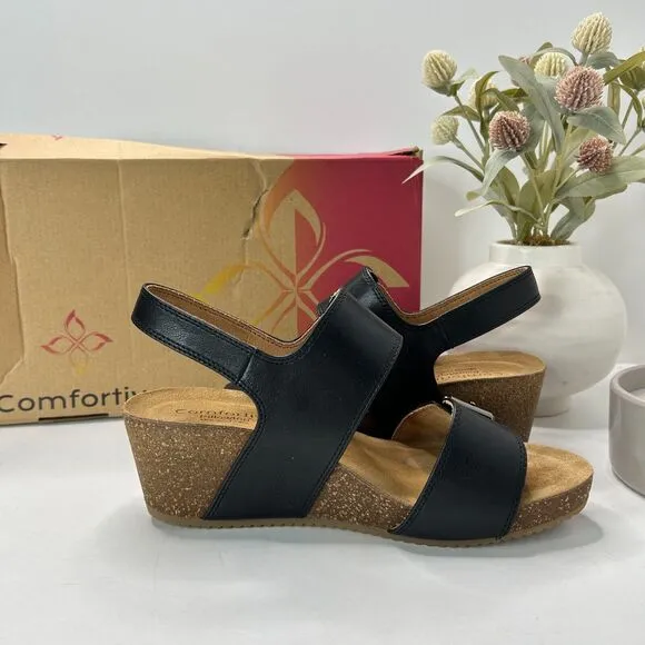 Comfortiva Erlina Wedge Sandals Black CT0049501 Slingback Buckle Women's US 8
