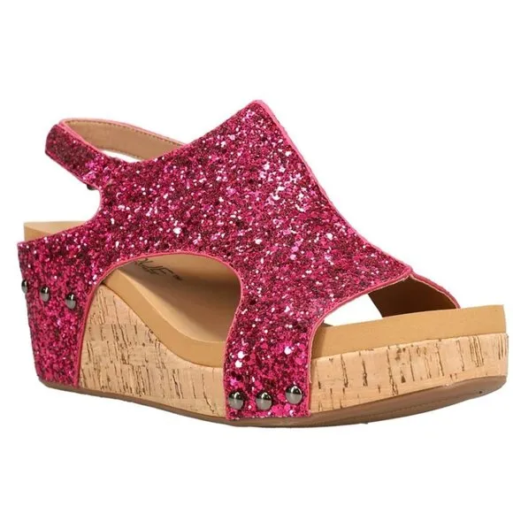 CORKYS Carley Glitter Peep Toe Wedge Sandals Fuchsia Pink 8-11 NWT
