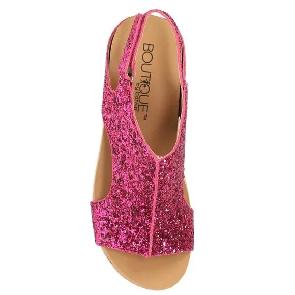 CORKYS Carley Glitter Peep Toe Wedge Sandals Fuchsia Pink 8-11 NWT