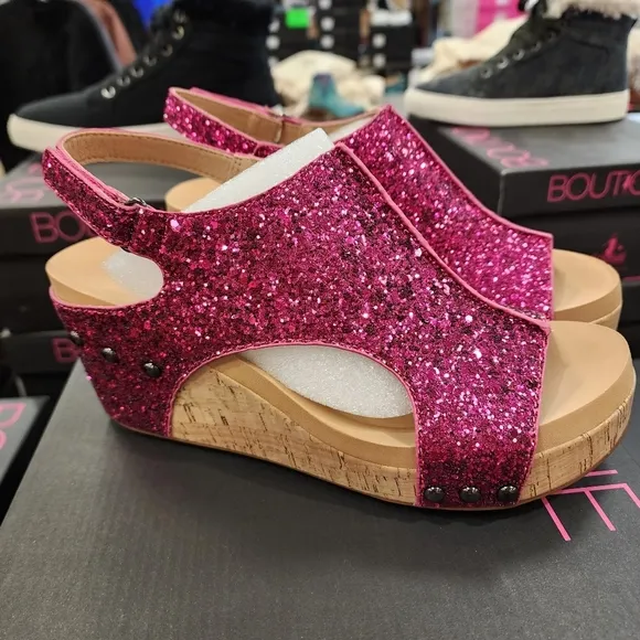 CORKYS Carley Glitter Peep Toe Wedge Sandals Fuchsia Pink 8-11 NWT
