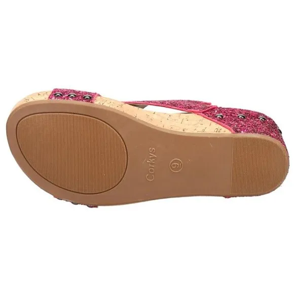 CORKYS Carley Glitter Peep Toe Wedge Sandals Fuchsia Pink 8-11 NWT