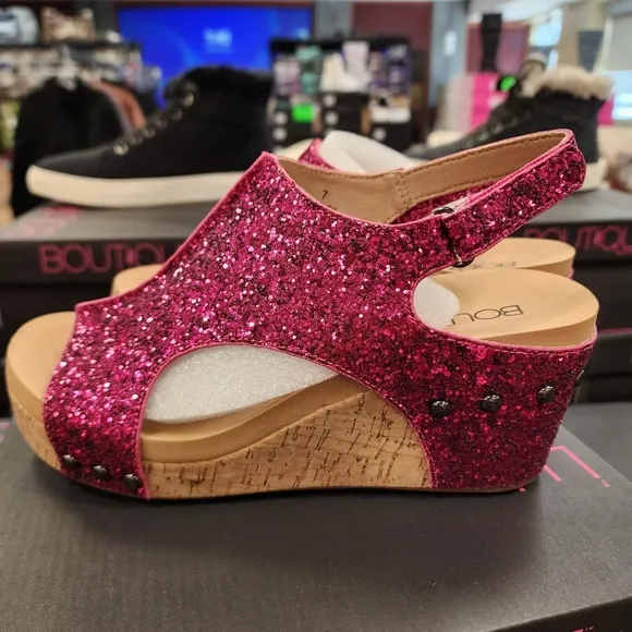 CORKYS Carley Glitter Peep Toe Wedge Sandals Fuchsia Pink 8-11 NWT