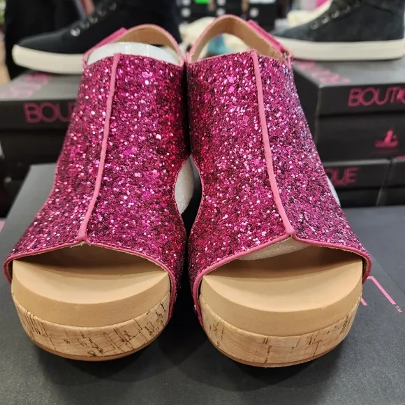 CORKYS Carley Glitter Peep Toe Wedge Sandals Fuchsia Pink 8-11 NWT