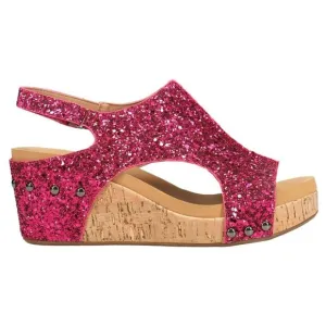 CORKYS Carley Glitter Peep Toe Wedge Sandals Fuchsia Pink 8-11 NWT