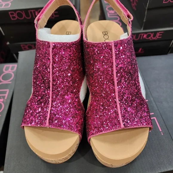 CORKYS Carley Glitter Peep Toe Wedge Sandals Fuchsia Pink 8-11 NWT