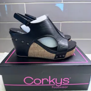 Corkys Tiffanie Smooth Black Wedge Sandals - NWT/NIB