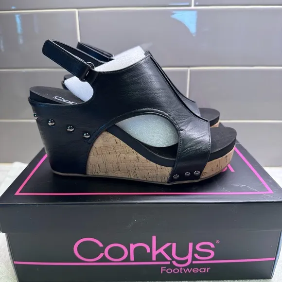 Corkys Tiffanie Smooth Black Wedge Sandals - NWT/NIB