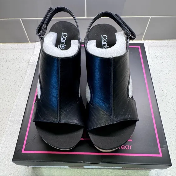 Corkys Tiffanie Smooth Black Wedge Sandals - NWT/NIB