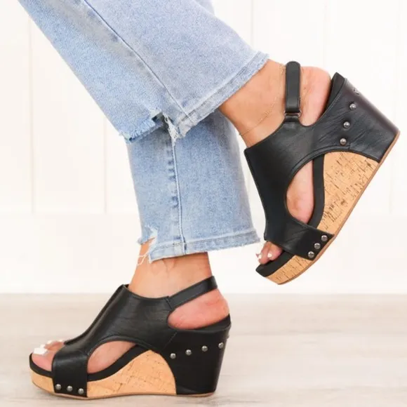 Corkys Tiffanie Smooth Black Wedge Sandals - NWT/NIB