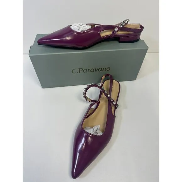 C.Paravano EU 37 US 5.5 Flats | Pointed Toe Sandal Slingback Purple Rhinestones