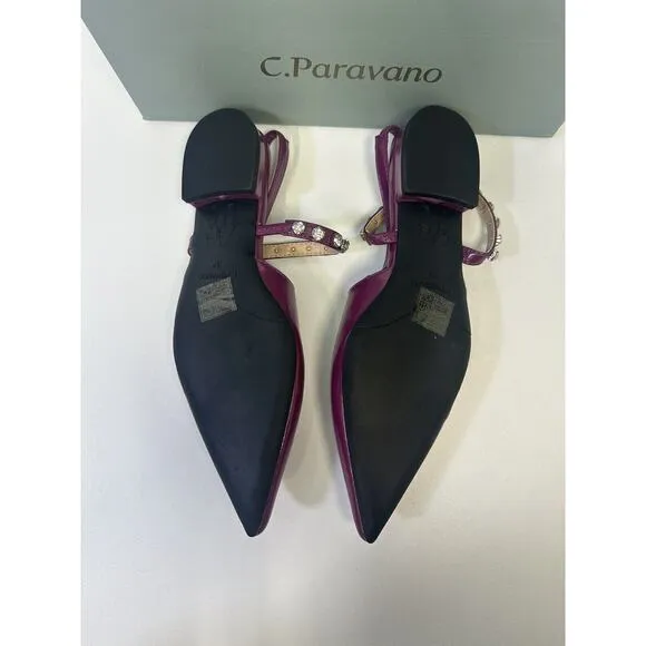 C.Paravano EU 37 US 5.5 Flats | Pointed Toe Sandal Slingback Purple Rhinestones