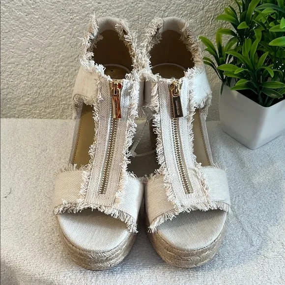 Cream Canvas Wedge Sandals with Ankle Strap MICHAEL KORS