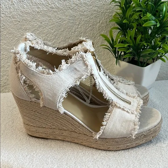 Cream Canvas Wedge Sandals with Ankle Strap MICHAEL KORS