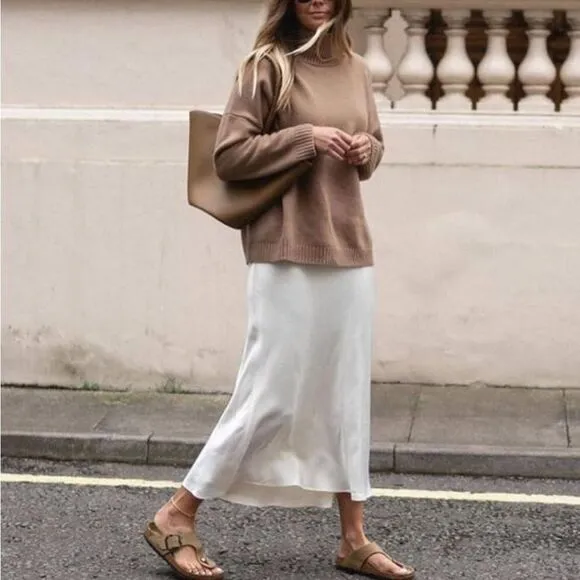 Cream satin midi skirt