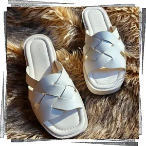Cream Woven Leather Slide Sandals (EU 38/ US 7 - 7.5) by Pilcro