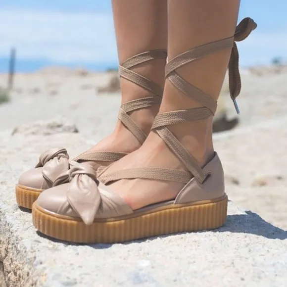 Creeper Platform Sandals with bow by Fenty Oatmeal Tan Size 9
