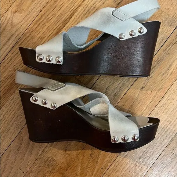 Cris Cross distress leather platform wedge sandals