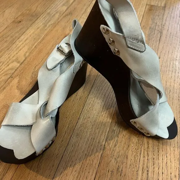 Cris Cross distress leather platform wedge sandals