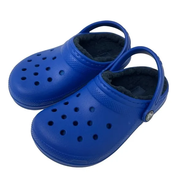 Crocs little boys Size 12 Classic comfy fur Lined Clog Sandals Blue Excellent