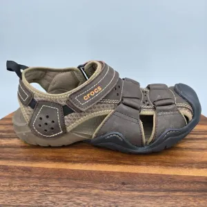 Crocs Swiftwater Fisherman Sandals Mens 8 Brown Leather Adjustable Strap Outdoor
