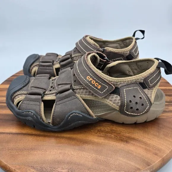 Crocs Swiftwater Fisherman Sandals Mens 8 Brown Leather Adjustable Strap Outdoor