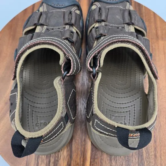 Crocs Swiftwater Fisherman Sandals Mens 8 Brown Leather Adjustable Strap Outdoor
