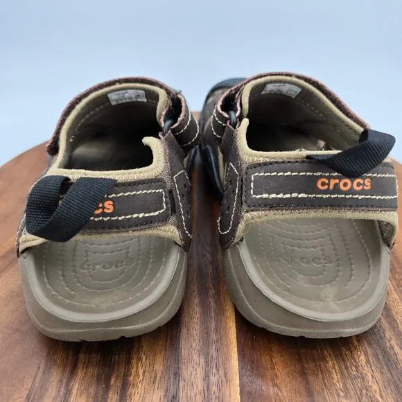 Crocs Swiftwater Fisherman Sandals Mens 8 Brown Leather Adjustable Strap Outdoor