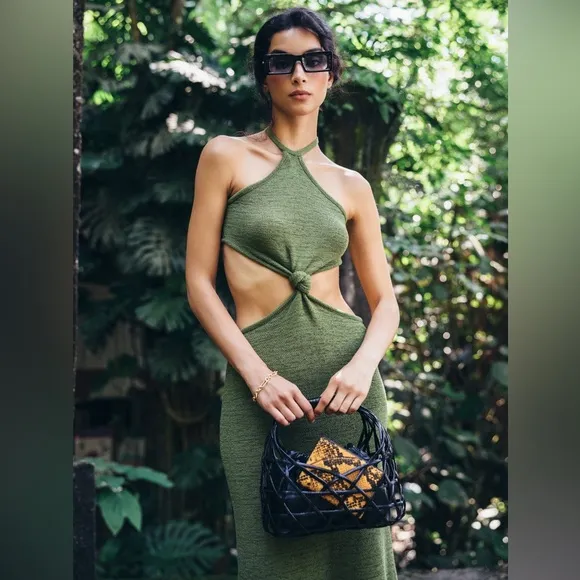 Cult Gaia | Cameron Midi Knit Cut Out Halter Dress In Green Size: XS