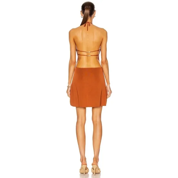 Cult Gaia Leslie Knit Halter Neck Open Back Mini Dress in Spice Orange