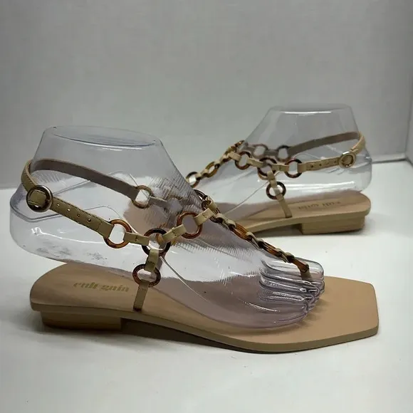 Cult Gaia Sandals T-Strap Flip Flop Shoes Square Toe Circle Chain Size 36.5 6.5