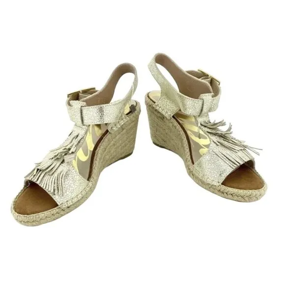 Cuple Gold Leather Espadrille Sandals Metallic Wedge Fringe SZ 37 EU 6.5 US NIB