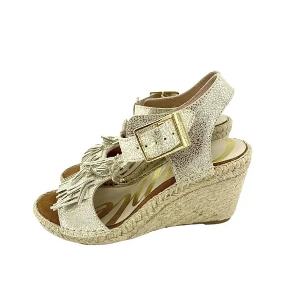 Cuple Gold Leather Espadrille Sandals Metallic Wedge Fringe SZ 37 EU 6.5 US NIB