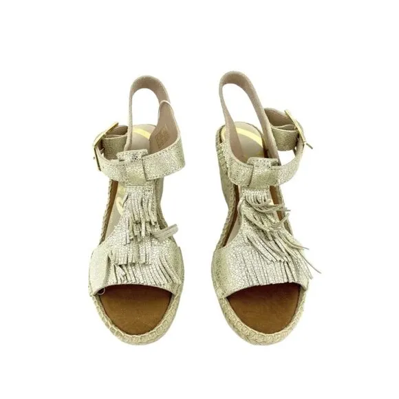 Cuple Gold Leather Espadrille Sandals Metallic Wedge Fringe SZ 37 EU 6.5 US NIB
