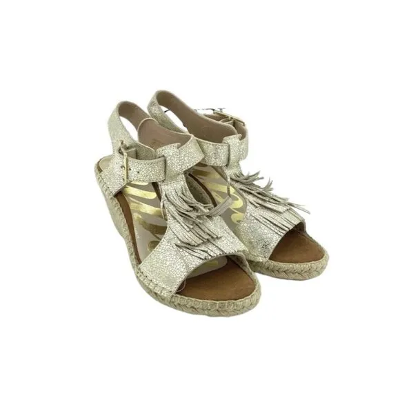 Cuple Gold Leather Espadrille Sandals Metallic Wedge Fringe SZ 37 EU 6.5 US NIB