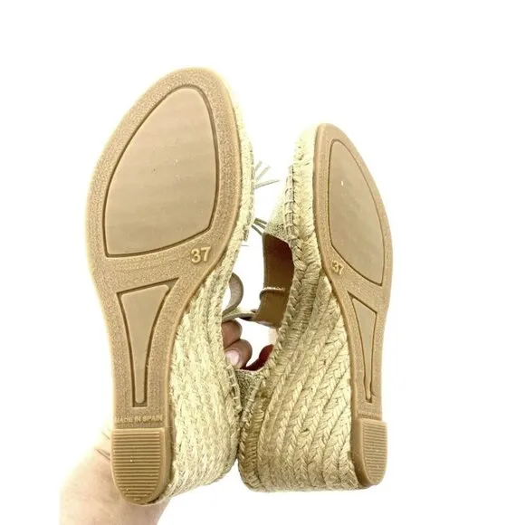 Cuple Gold Leather Espadrille Sandals Metallic Wedge Fringe SZ 37 EU 6.5 US NIB