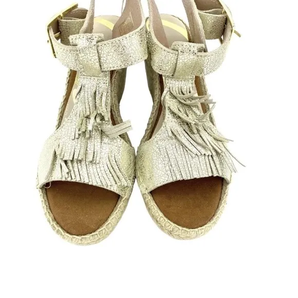 Cuple Gold Leather Espadrille Sandals Metallic Wedge Fringe SZ 37 EU 6.5 US NIB