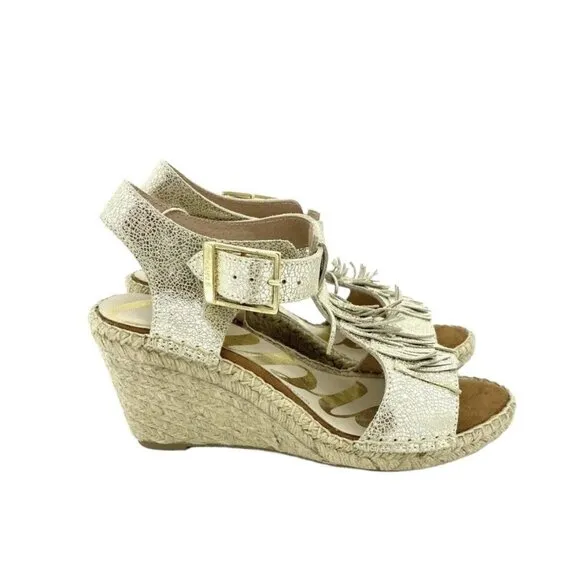 Cuple Gold Leather Espadrille Sandals Metallic Wedge Fringe SZ 37 EU 6.5 US NIB
