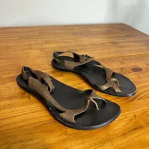 CYDWOQ Tan Brown Leather Toe Strap Ankle Strap Sandals Size 36.5