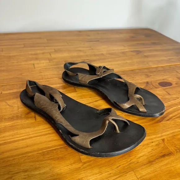 CYDWOQ Tan Brown Leather Toe Strap Ankle Strap Sandals Size 36.5