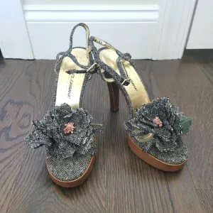 D&amp;G Gray Tweed Floral Leather Platform Sandals RARE Party Spring Summer Travel