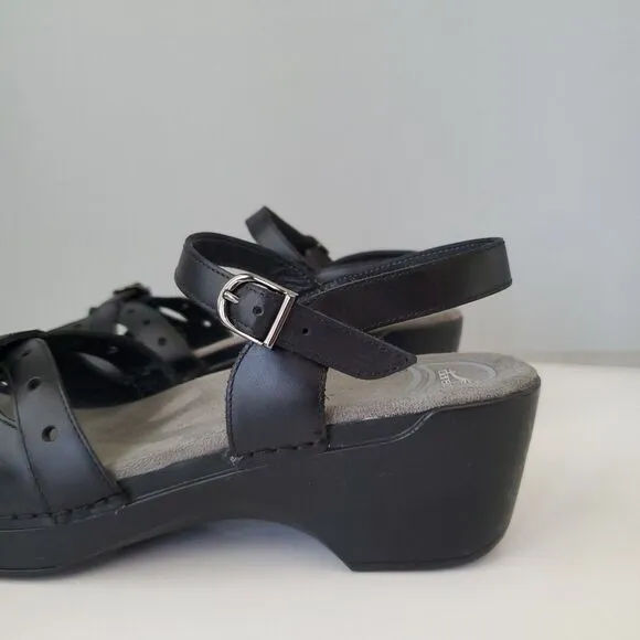 Dansko Black Leather Sissy  Adjustable Hook Eye Wedge Sandals Womens 10.5 to 11
