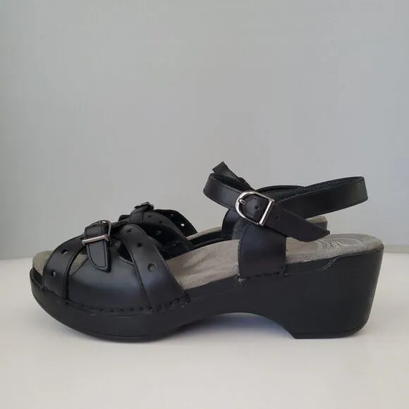 Dansko Black Leather Sissy  Adjustable Hook Eye Wedge Sandals Womens 10.5 to 11