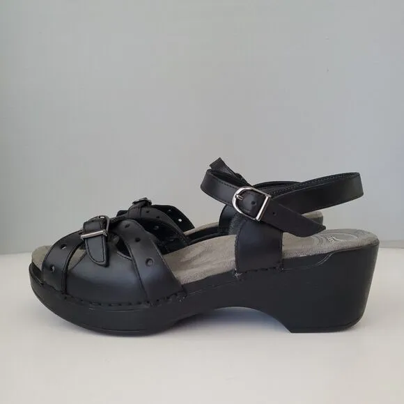 Dansko Black Leather Sissy  Adjustable Hook Eye Wedge Sandals Womens 10.5 to 11