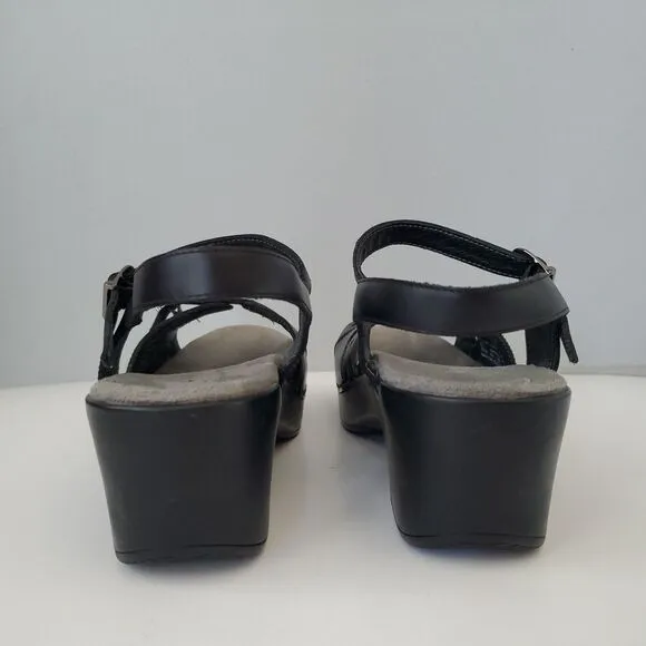 Dansko Black Leather Sissy  Adjustable Hook Eye Wedge Sandals Womens 10.5 to 11